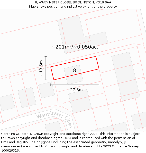 8, WARMINSTER CLOSE, BRIDLINGTON, YO16 6AA: Plot and title map