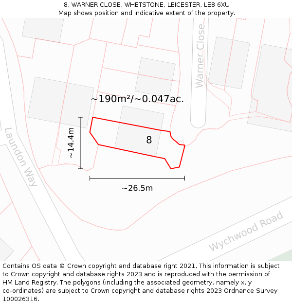 8, WARNER CLOSE, WHETSTONE, LEICESTER, LE8 6XU: Plot and title map
