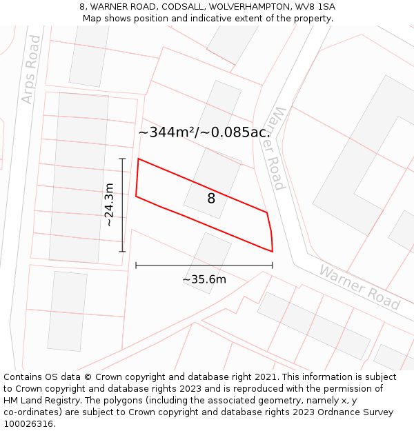 8, WARNER ROAD, CODSALL, WOLVERHAMPTON, WV8 1SA: Plot and title map