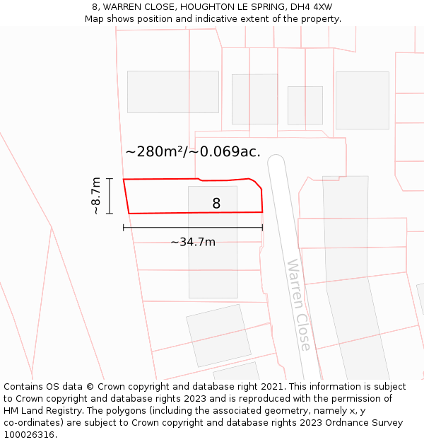 8, WARREN CLOSE, HOUGHTON LE SPRING, DH4 4XW: Plot and title map