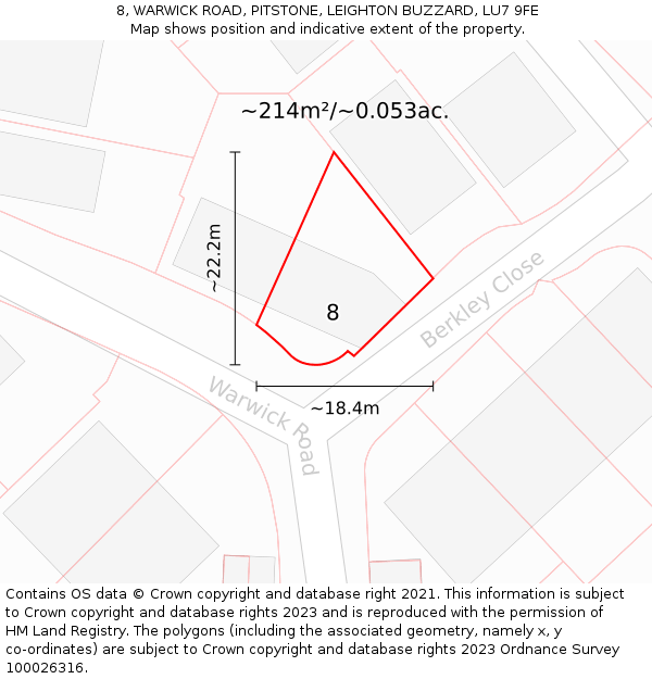 8, WARWICK ROAD, PITSTONE, LEIGHTON BUZZARD, LU7 9FE: Plot and title map
