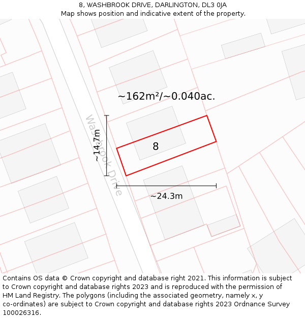 8, WASHBROOK DRIVE, DARLINGTON, DL3 0JA: Plot and title map