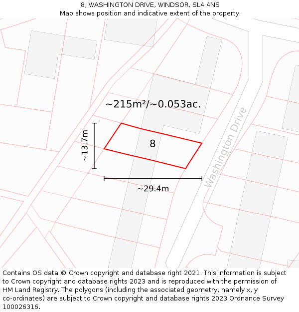 8, WASHINGTON DRIVE, WINDSOR, SL4 4NS: Plot and title map