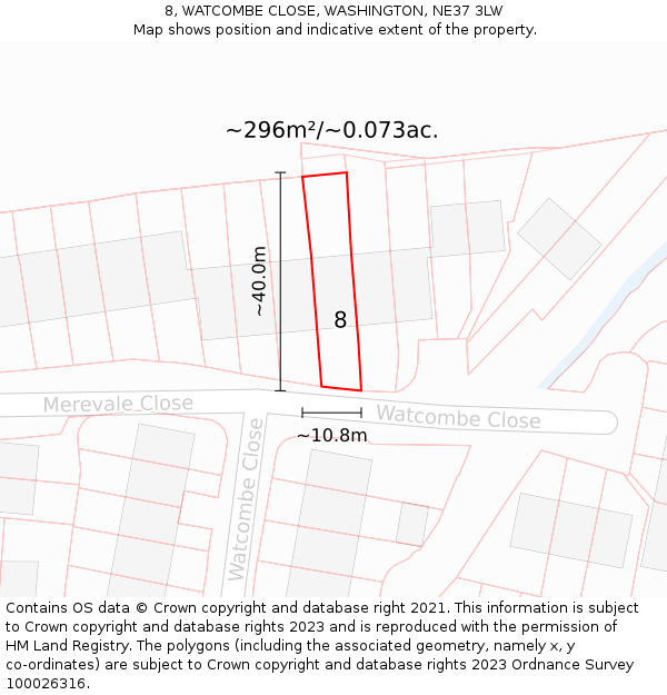 8, WATCOMBE CLOSE, WASHINGTON, NE37 3LW: Plot and title map