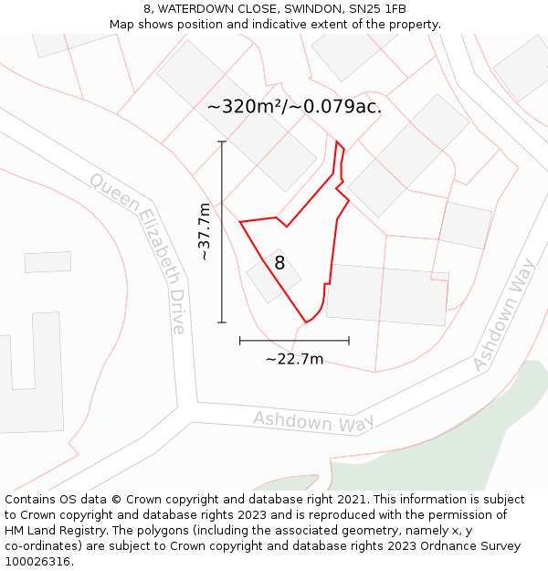 8, WATERDOWN CLOSE, SWINDON, SN25 1FB: Plot and title map
