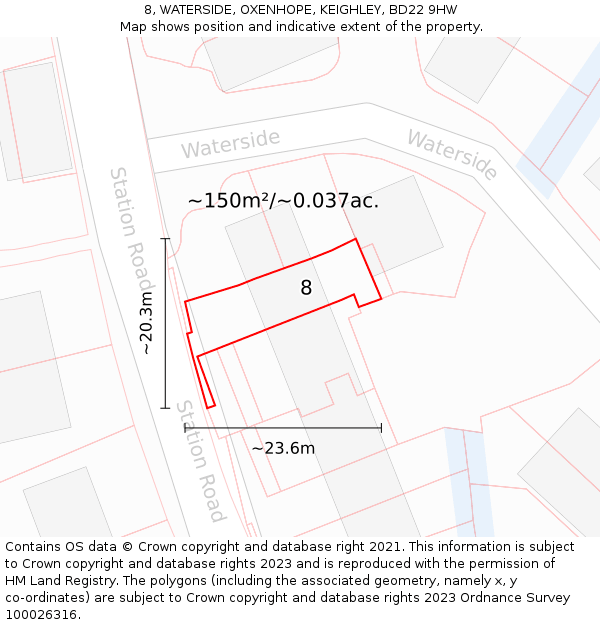 8, WATERSIDE, OXENHOPE, KEIGHLEY, BD22 9HW: Plot and title map