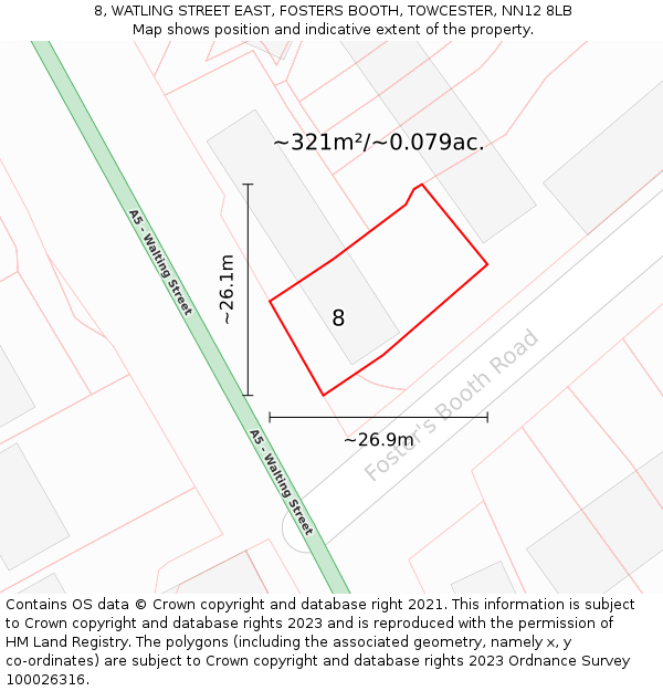 8, WATLING STREET EAST, FOSTERS BOOTH, TOWCESTER, NN12 8LB: Plot and title map