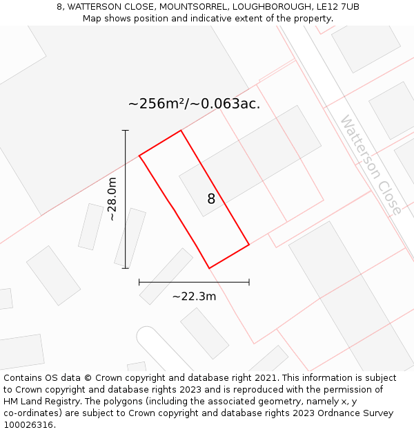 8, WATTERSON CLOSE, MOUNTSORREL, LOUGHBOROUGH, LE12 7UB: Plot and title map