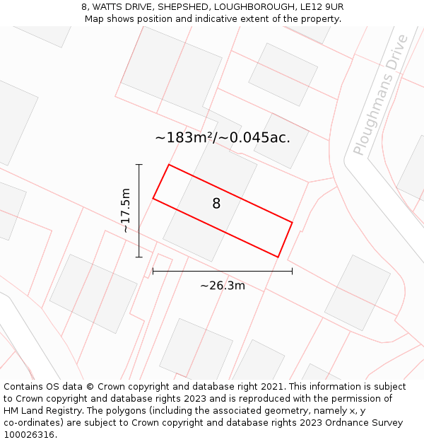 8, WATTS DRIVE, SHEPSHED, LOUGHBOROUGH, LE12 9UR: Plot and title map