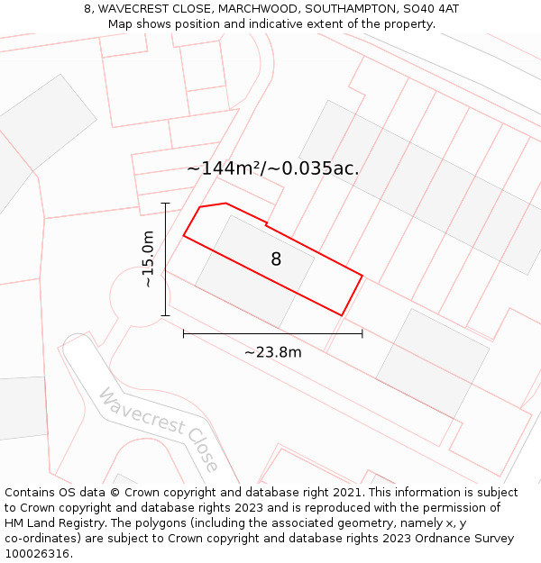 8, WAVECREST CLOSE, MARCHWOOD, SOUTHAMPTON, SO40 4AT: Plot and title map