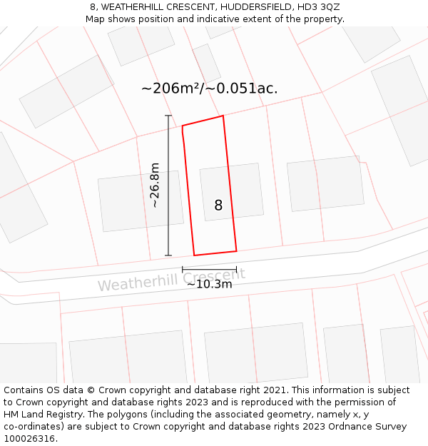 8, WEATHERHILL CRESCENT, HUDDERSFIELD, HD3 3QZ: Plot and title map
