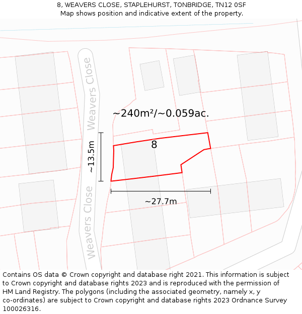8, WEAVERS CLOSE, STAPLEHURST, TONBRIDGE, TN12 0SF: Plot and title map