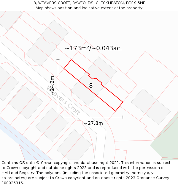 8, WEAVERS CROFT, RAWFOLDS, CLECKHEATON, BD19 5NE: Plot and title map