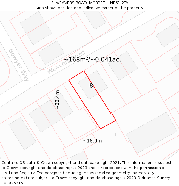 8, WEAVERS ROAD, MORPETH, NE61 2FA: Plot and title map