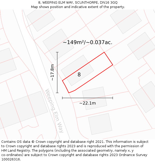 8, WEEPING ELM WAY, SCUNTHORPE, DN16 3GQ: Plot and title map