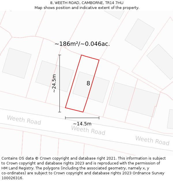 8, WEETH ROAD, CAMBORNE, TR14 7HU: Plot and title map