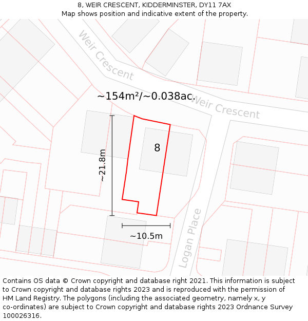 8, WEIR CRESCENT, KIDDERMINSTER, DY11 7AX: Plot and title map