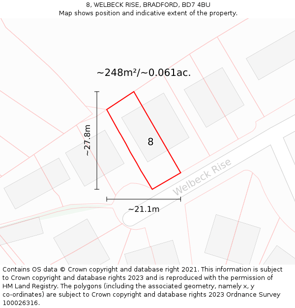 8, WELBECK RISE, BRADFORD, BD7 4BU: Plot and title map