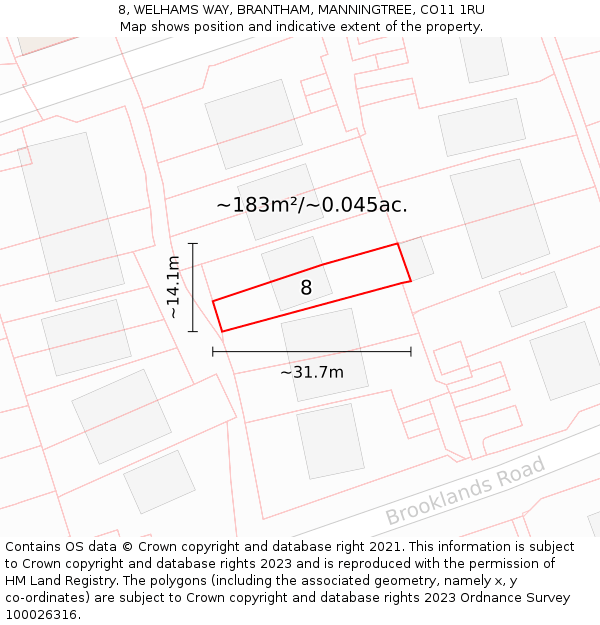 8, WELHAMS WAY, BRANTHAM, MANNINGTREE, CO11 1RU: Plot and title map