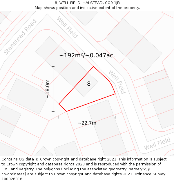 8, WELL FIELD, HALSTEAD, CO9 1JB: Plot and title map