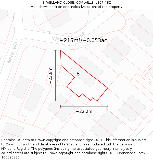 8, WELLAND CLOSE, COALVILLE, LE67 4BZ: Plot and title map