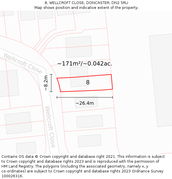 8, WELLCROFT CLOSE, DONCASTER, DN2 5RU: Plot and title map