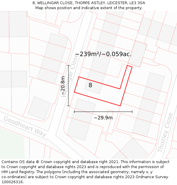 8, WELLINGAR CLOSE, THORPE ASTLEY, LEICESTER, LE3 3SA: Plot and title map