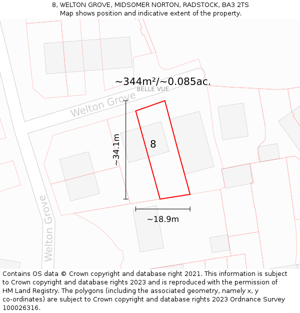 8, WELTON GROVE, MIDSOMER NORTON, RADSTOCK, BA3 2TS: Plot and title map