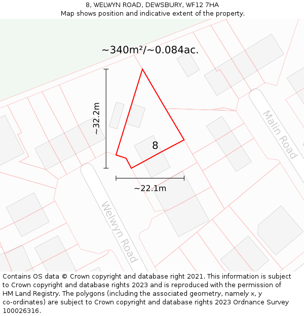 8, WELWYN ROAD, DEWSBURY, WF12 7HA: Plot and title map