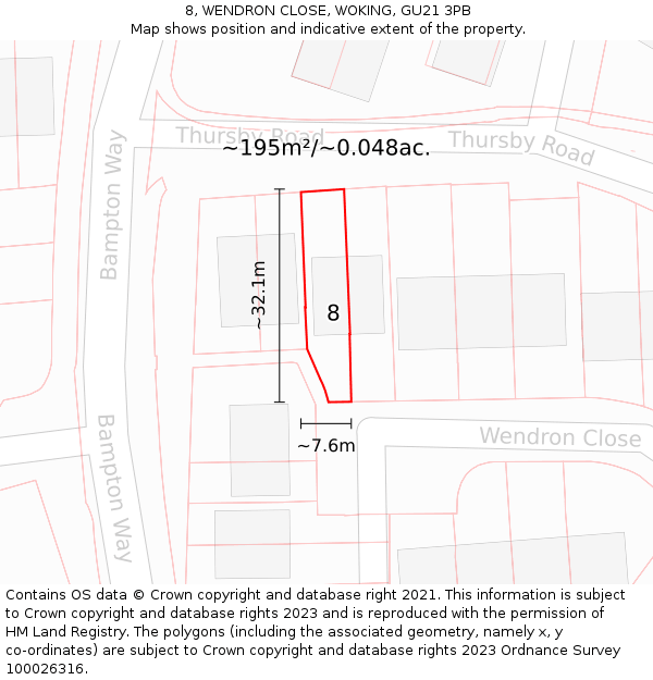 8, WENDRON CLOSE, WOKING, GU21 3PB: Plot and title map