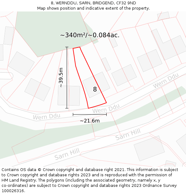 8, WERNDDU, SARN, BRIDGEND, CF32 9ND: Plot and title map