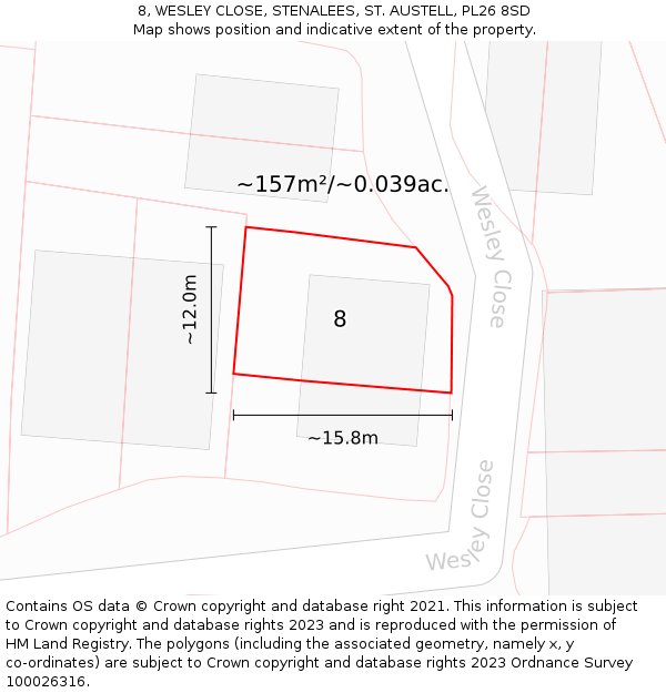 8, WESLEY CLOSE, STENALEES, ST. AUSTELL, PL26 8SD: Plot and title map