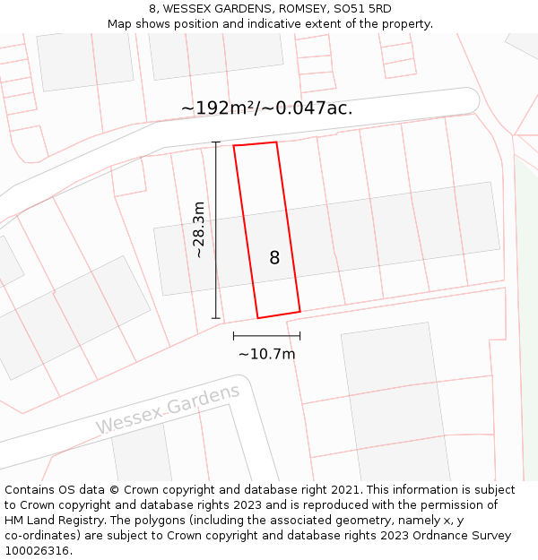 8, WESSEX GARDENS, ROMSEY, SO51 5RD: Plot and title map