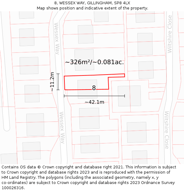 8, WESSEX WAY, GILLINGHAM, SP8 4LX: Plot and title map