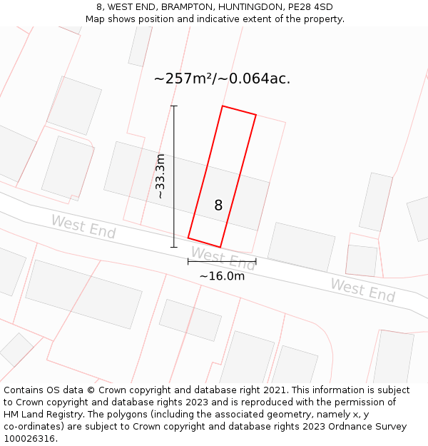 8, WEST END, BRAMPTON, HUNTINGDON, PE28 4SD: Plot and title map