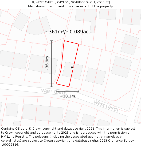 8, WEST GARTH, CAYTON, SCARBOROUGH, YO11 3TJ: Plot and title map