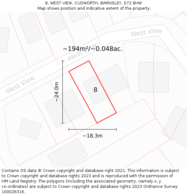 8, WEST VIEW, CUDWORTH, BARNSLEY, S72 8HW: Plot and title map