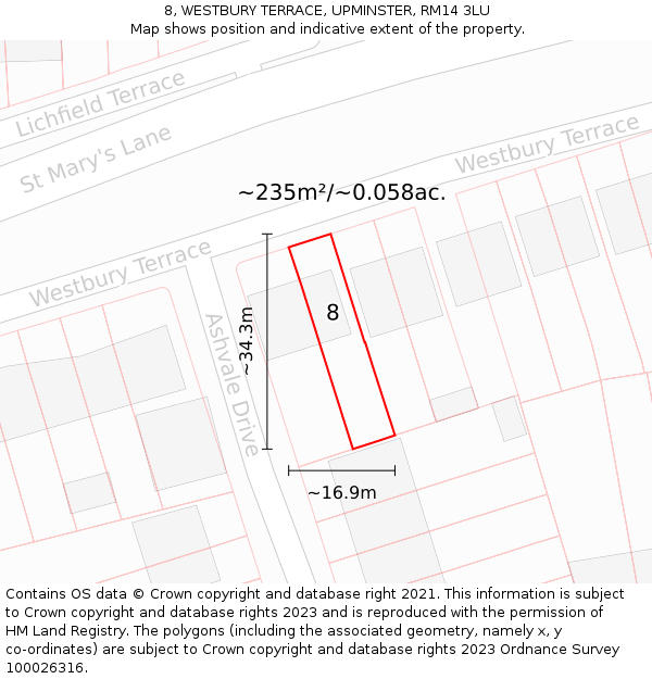 8, WESTBURY TERRACE, UPMINSTER, RM14 3LU: Plot and title map