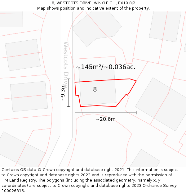 8, WESTCOTS DRIVE, WINKLEIGH, EX19 8JP: Plot and title map