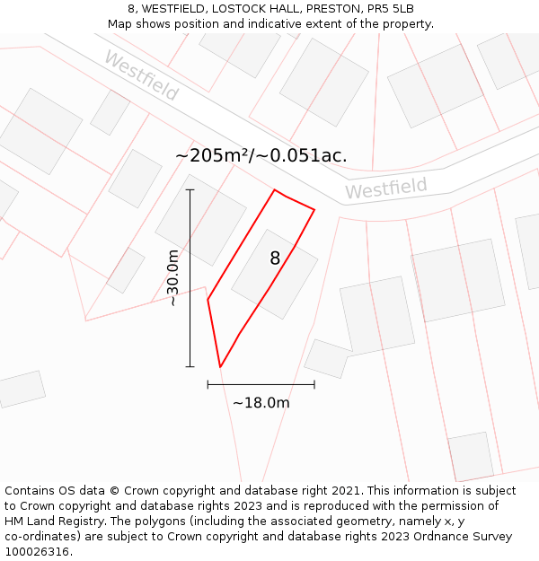 8, WESTFIELD, LOSTOCK HALL, PRESTON, PR5 5LB: Plot and title map