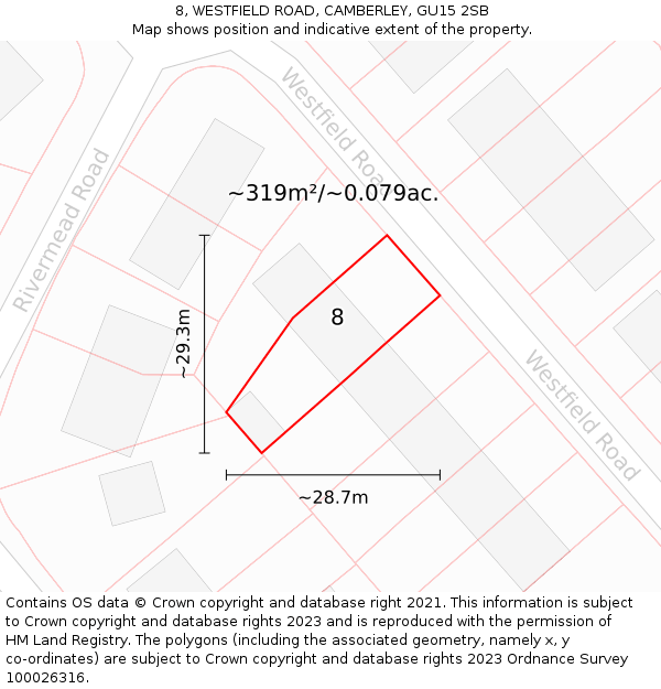 8, WESTFIELD ROAD, CAMBERLEY, GU15 2SB: Plot and title map