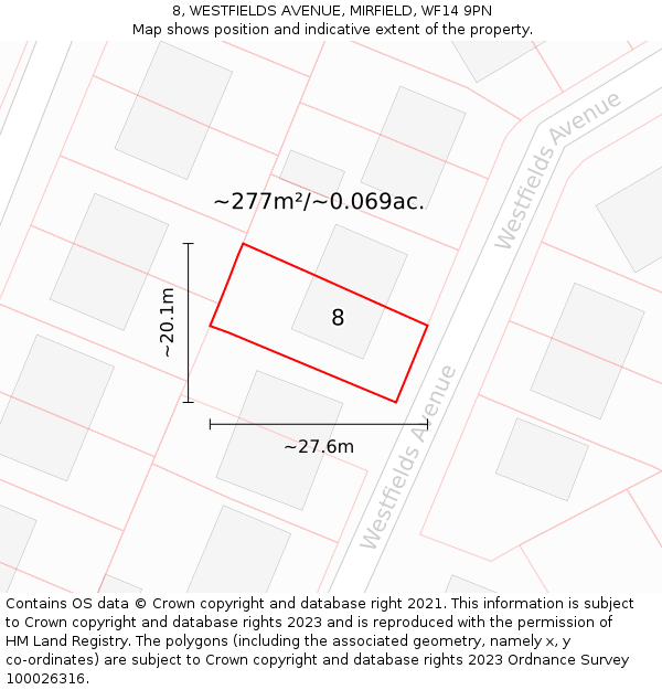 8, WESTFIELDS AVENUE, MIRFIELD, WF14 9PN: Plot and title map