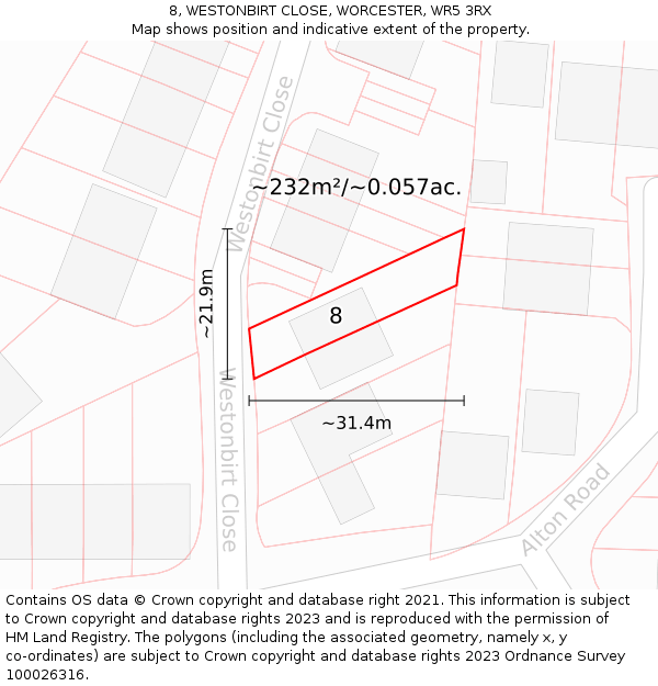 8, WESTONBIRT CLOSE, WORCESTER, WR5 3RX: Plot and title map