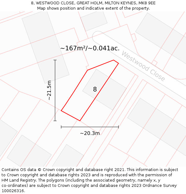 8, WESTWOOD CLOSE, GREAT HOLM, MILTON KEYNES, MK8 9EE: Plot and title map