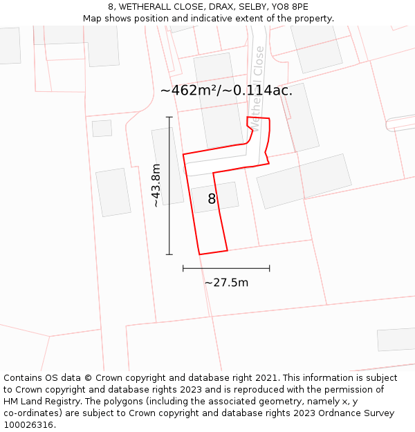 8, WETHERALL CLOSE, DRAX, SELBY, YO8 8PE: Plot and title map