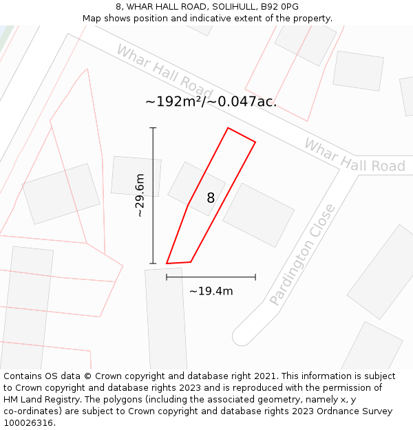 8, WHAR HALL ROAD, SOLIHULL, B92 0PG: Plot and title map