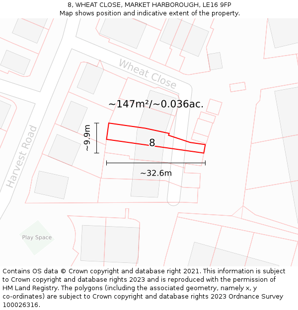 8, WHEAT CLOSE, MARKET HARBOROUGH, LE16 9FP: Plot and title map