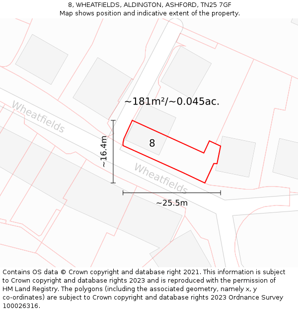 8, WHEATFIELDS, ALDINGTON, ASHFORD, TN25 7GF: Plot and title map