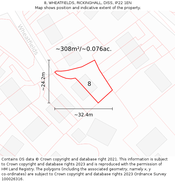 8, WHEATFIELDS, RICKINGHALL, DISS, IP22 1EN: Plot and title map