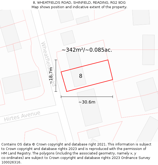 8, WHEATFIELDS ROAD, SHINFIELD, READING, RG2 9DG: Plot and title map
